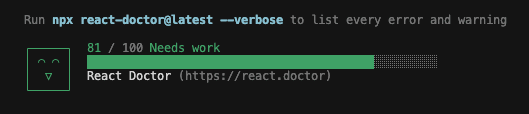 React Doctor terminal output showing an 81 out of 100 score for this portfolio