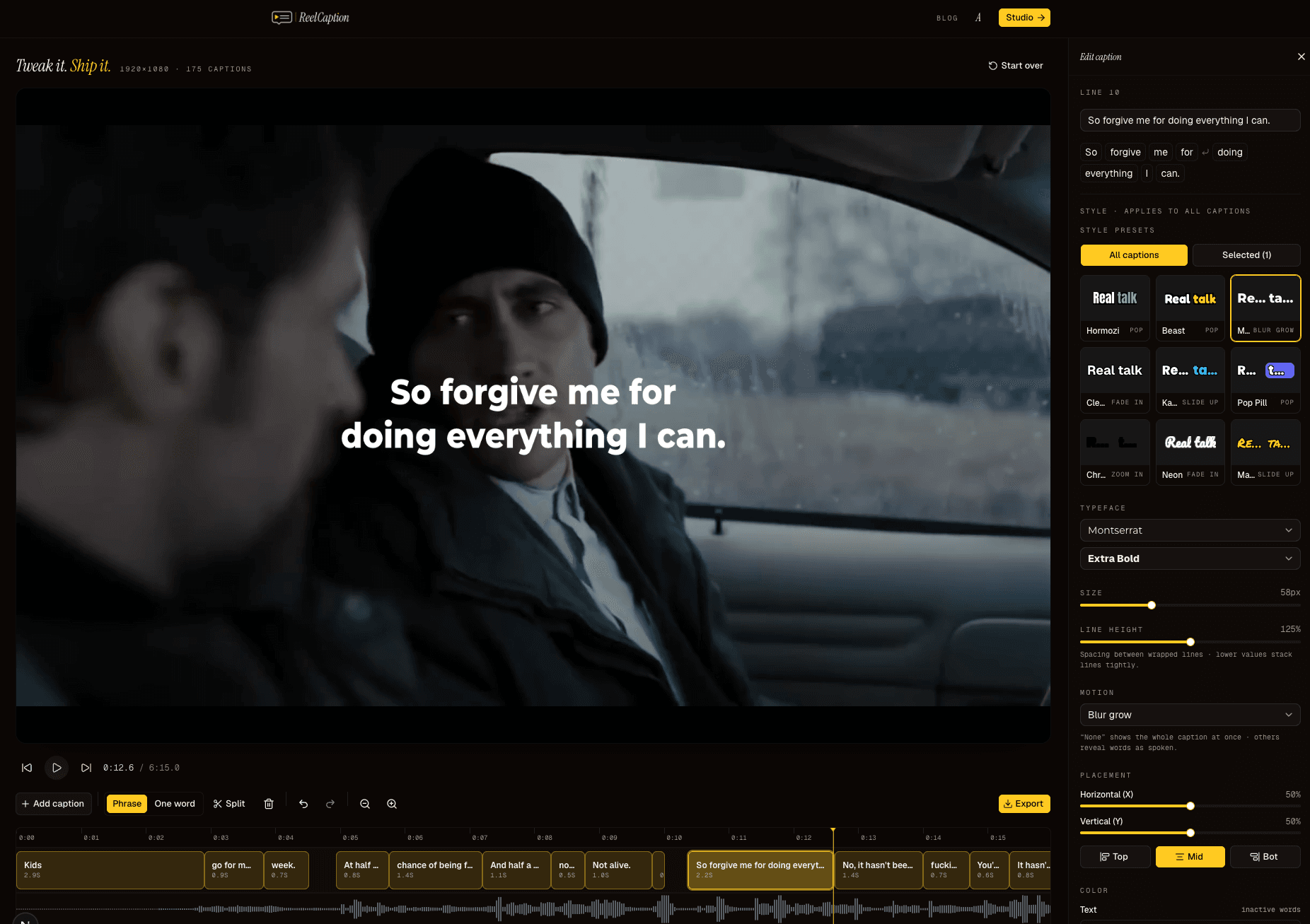 ReelCaption studio: a video with burned-in captions, a styling panel, and a word-level caption timeline.
